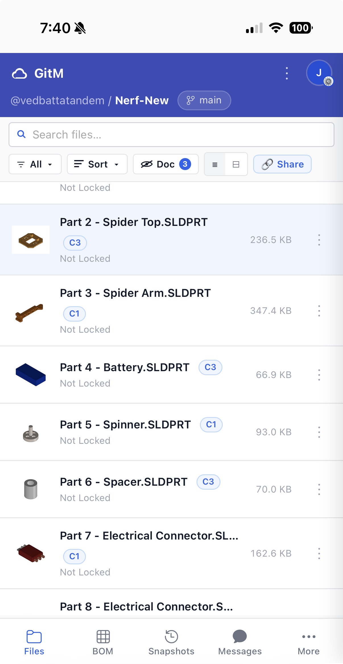 GitMCloud Files tab on a phone, with the bottom navigation bar