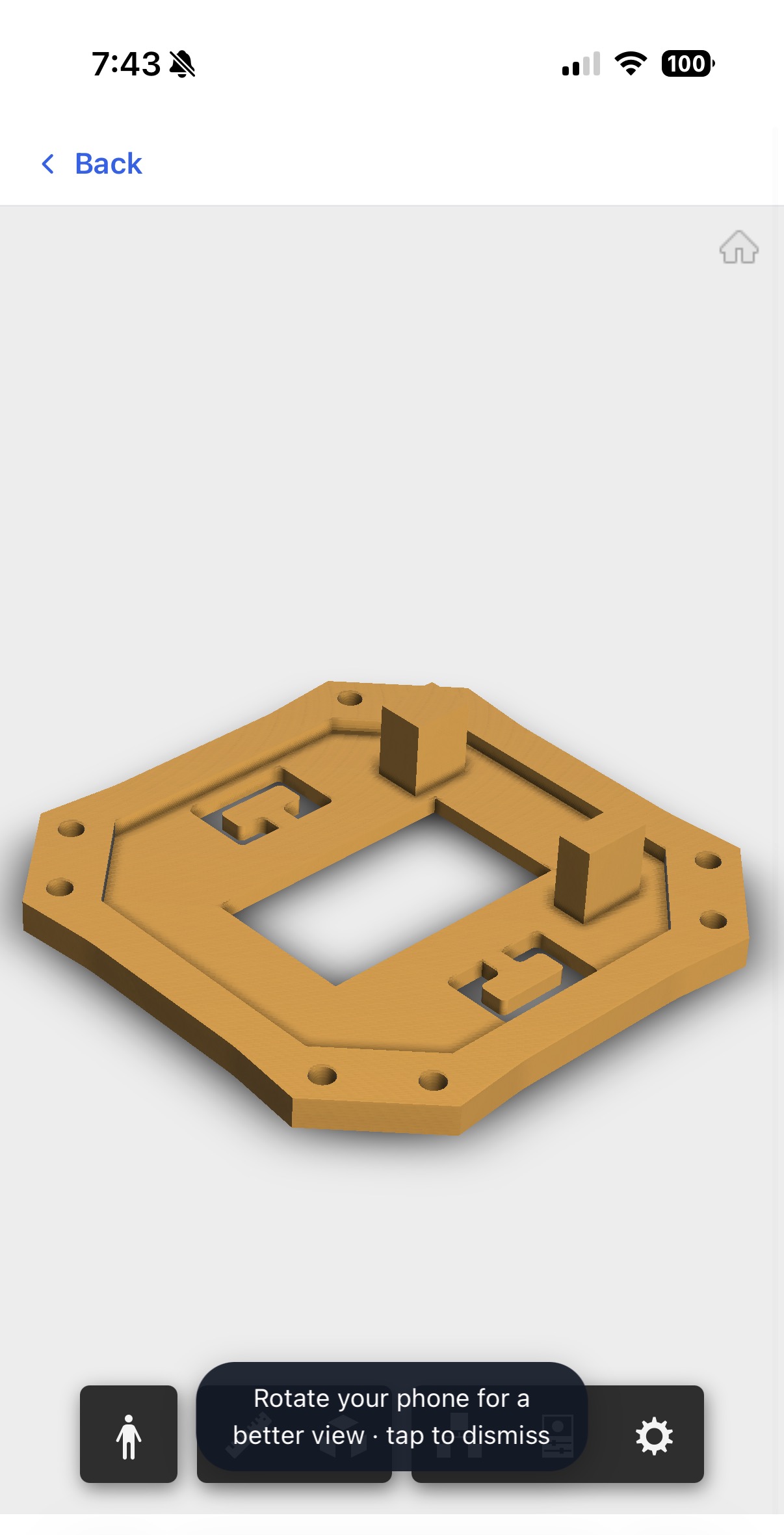 A SolidWorks file open fullscreen on a phone with the Back bar